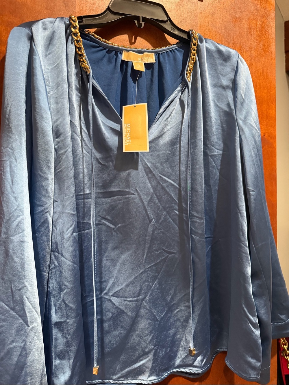 MICHAEL Michael Kors Slate Blue Satin Top with Gold Chain